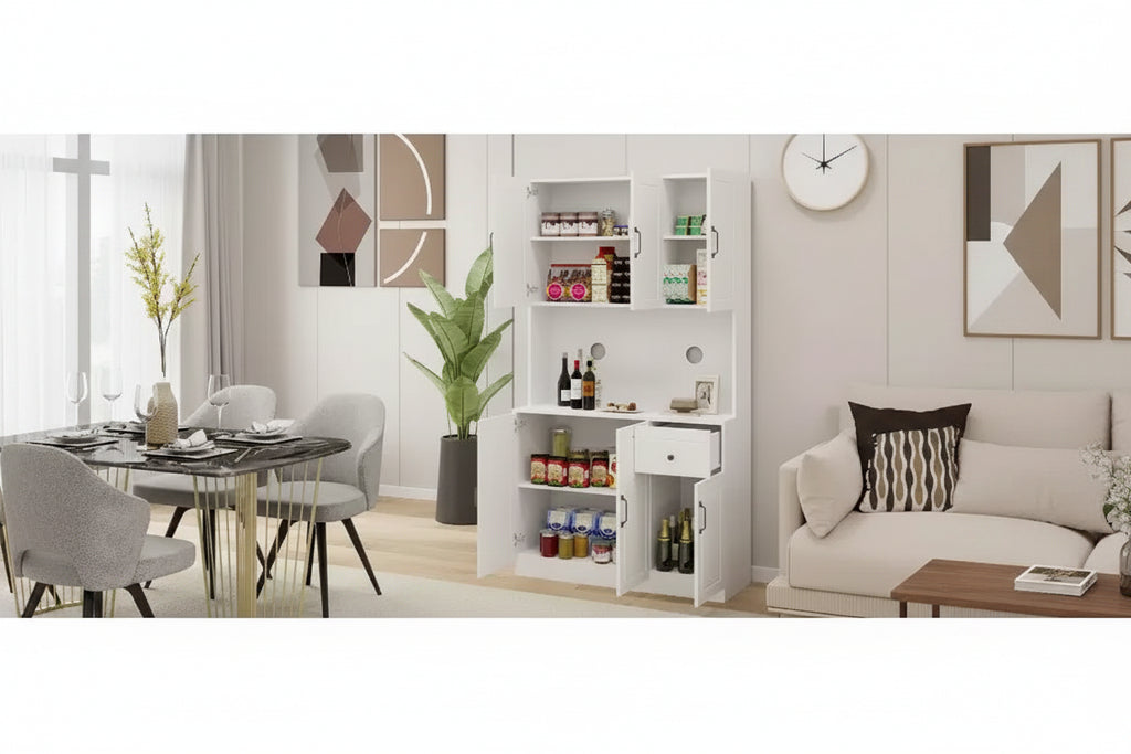 AndMakers Armario de despensa de madera blanca de 39.76 pulgadas con encimera para horno microondas
