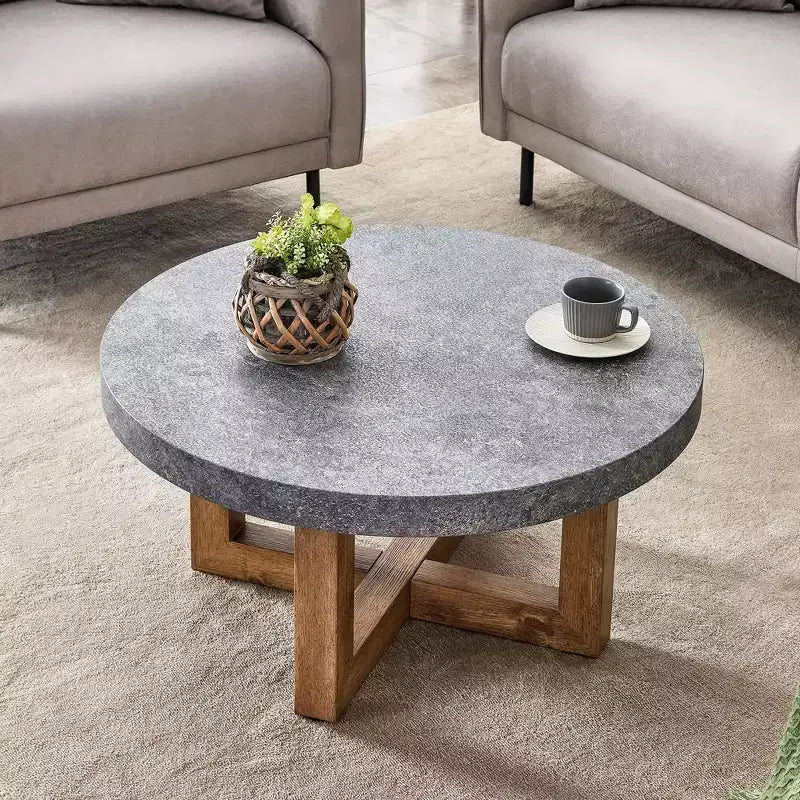 Mesa de centro redonda moderna de MDF texturizado de 31,4 pulgadas, mesa rústica para sala de estar, gris