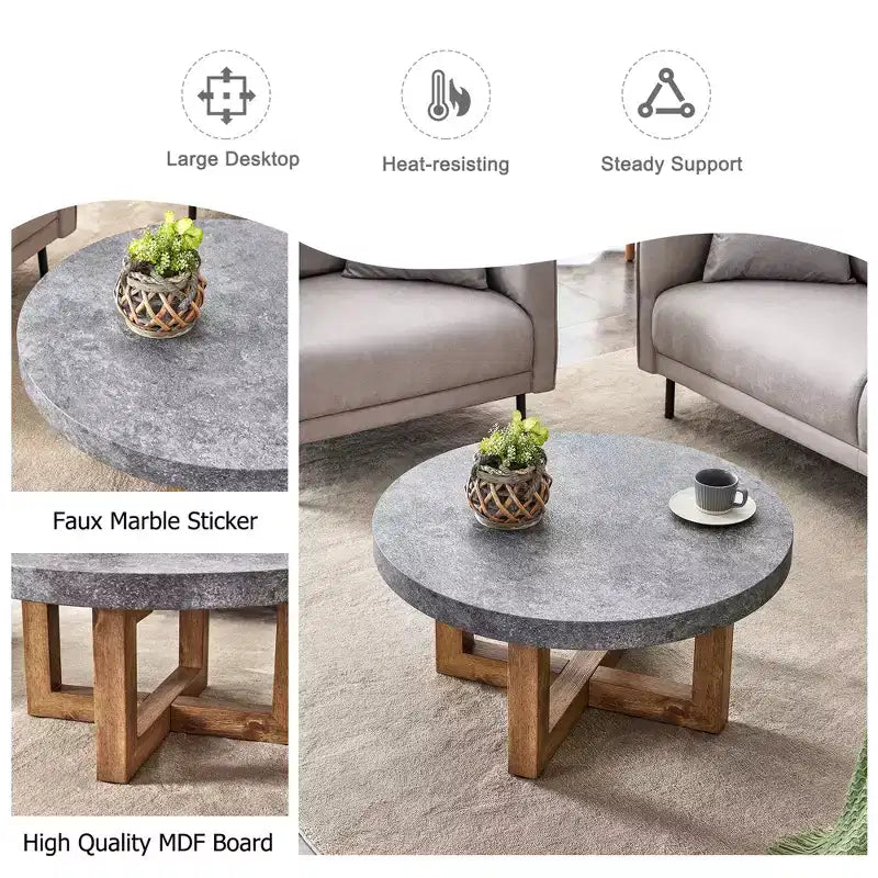 Mesa de centro redonda moderna de MDF texturizado de 31,4 pulgadas, mesa rústica para sala de estar, gris