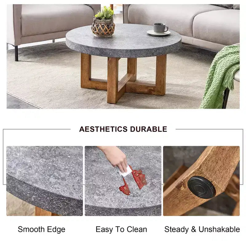 Mesa de centro redonda moderna de MDF texturizado de 31,4 pulgadas, mesa rústica para sala de estar, gris