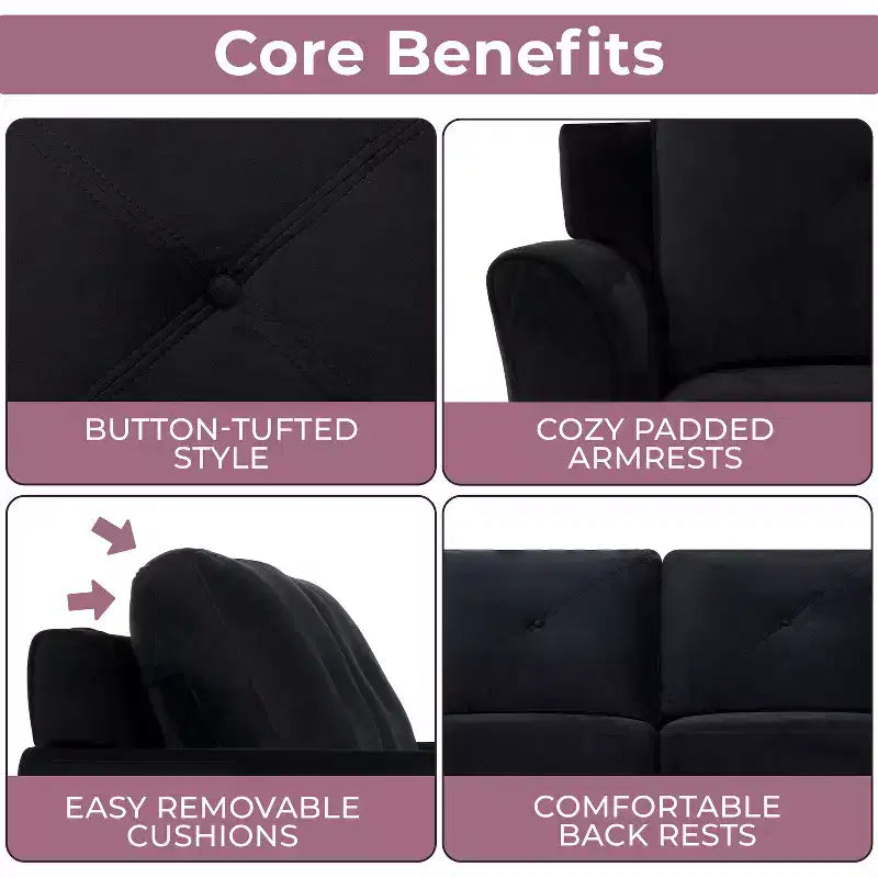 Sofá biplaza con botones copetudos en negro, sofá asequible de microfibra para espacios pequeños, muebles modernos duraderos para sala de estar