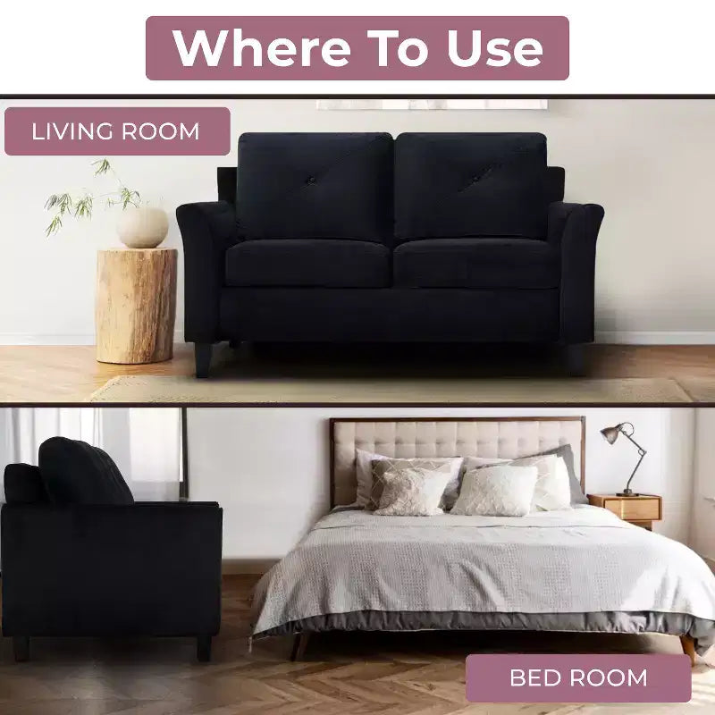 Sofá biplaza con botones copetudos en negro, sofá asequible de microfibra para espacios pequeños, muebles modernos duraderos para sala de estar