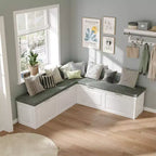 Elegante y práctico banco esquinero en forma de L con almacenamiento para organizar el hogar