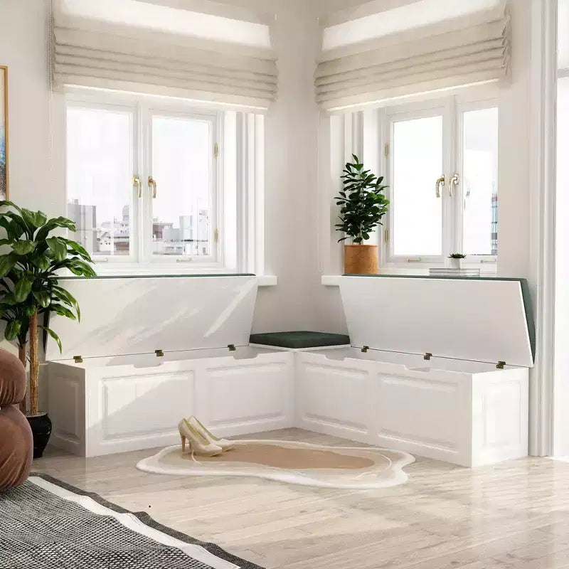 Elegante y práctico banco esquinero en forma de L con almacenamiento para organizar el hogar