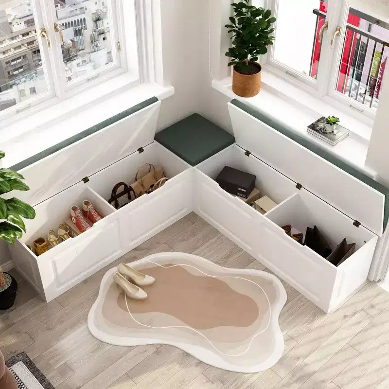 Elegante y práctico banco esquinero en forma de L con almacenamiento para organizar el hogar