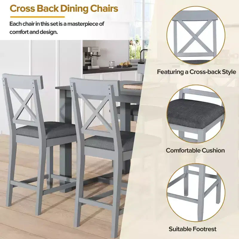 Juego de comedor de altura de mostrador rústico de 5 piezas con 4 sillas de comedor tapizadas y estantes de almacenamiento de 3 niveles, gris/natural+blanco