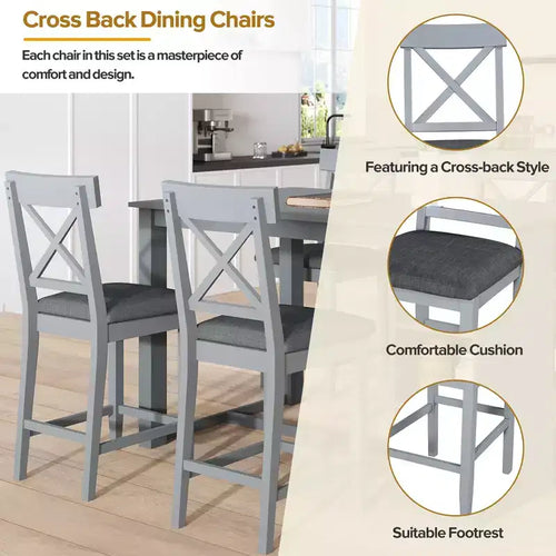 Juego de comedor de altura de mostrador rústico de 5 piezas con 4 sillas de comedor tapizadas y estantes de almacenamiento de 3 niveles, gris/natural+blanco
