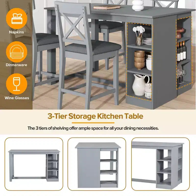 Juego de comedor de altura de mostrador rústico de 5 piezas con 4 sillas de comedor tapizadas y estantes de almacenamiento de 3 niveles, gris/natural+blanco