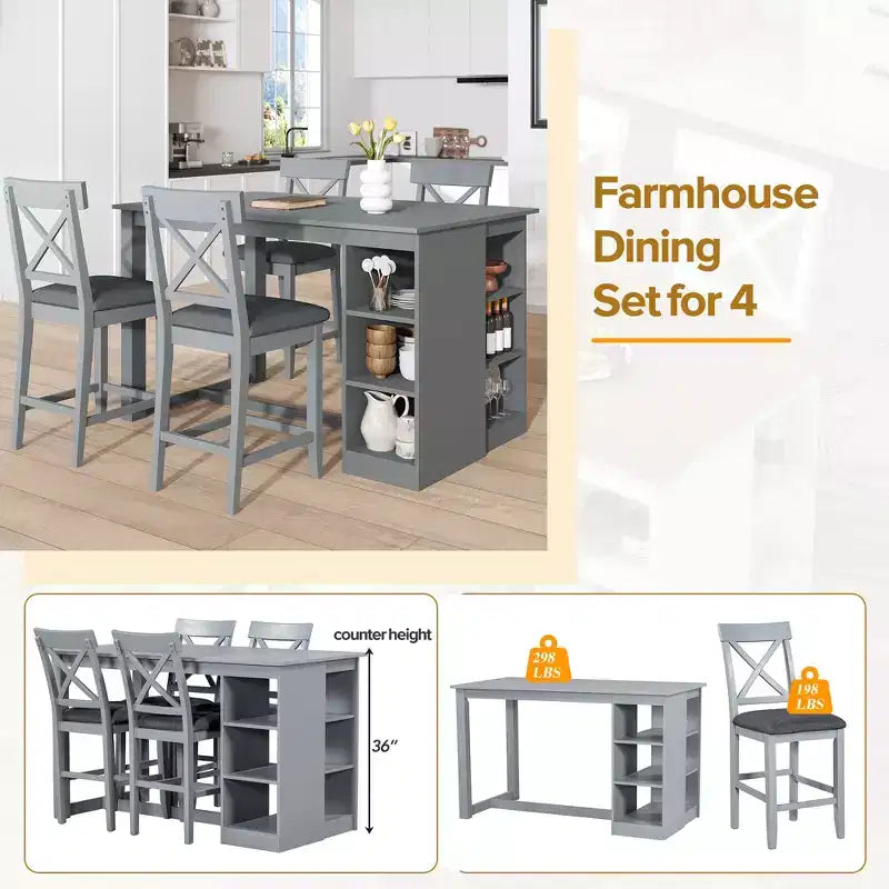 Juego de comedor de altura de mostrador rústico de 5 piezas con 4 sillas de comedor tapizadas y estantes de almacenamiento de 3 niveles, gris/natural+blanco