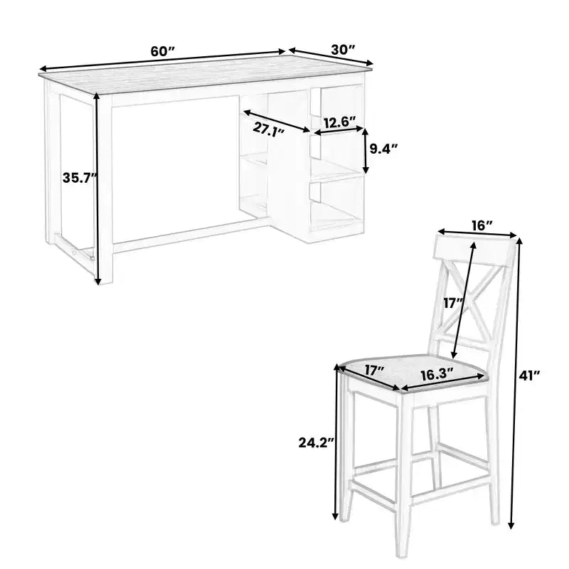 Juego de comedor de altura de mostrador rústico de 5 piezas con 4 sillas de comedor tapizadas y estantes de almacenamiento de 3 niveles, gris/natural+blanco