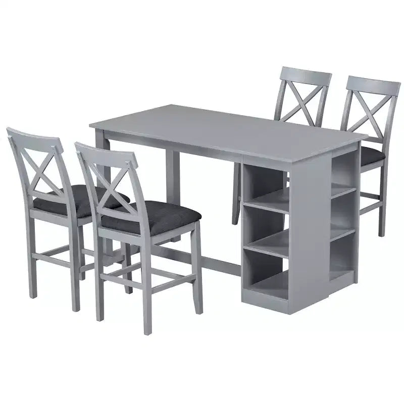 Juego de comedor de altura de mostrador rústico de 5 piezas con 4 sillas de comedor tapizadas y estantes de almacenamiento de 3 niveles, gris/natural+blanco