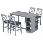 Juego de comedor de altura de mostrador rústico de 5 piezas con 4 sillas de comedor tapizadas y estantes de almacenamiento de 3 niveles, gris/natural+blanco