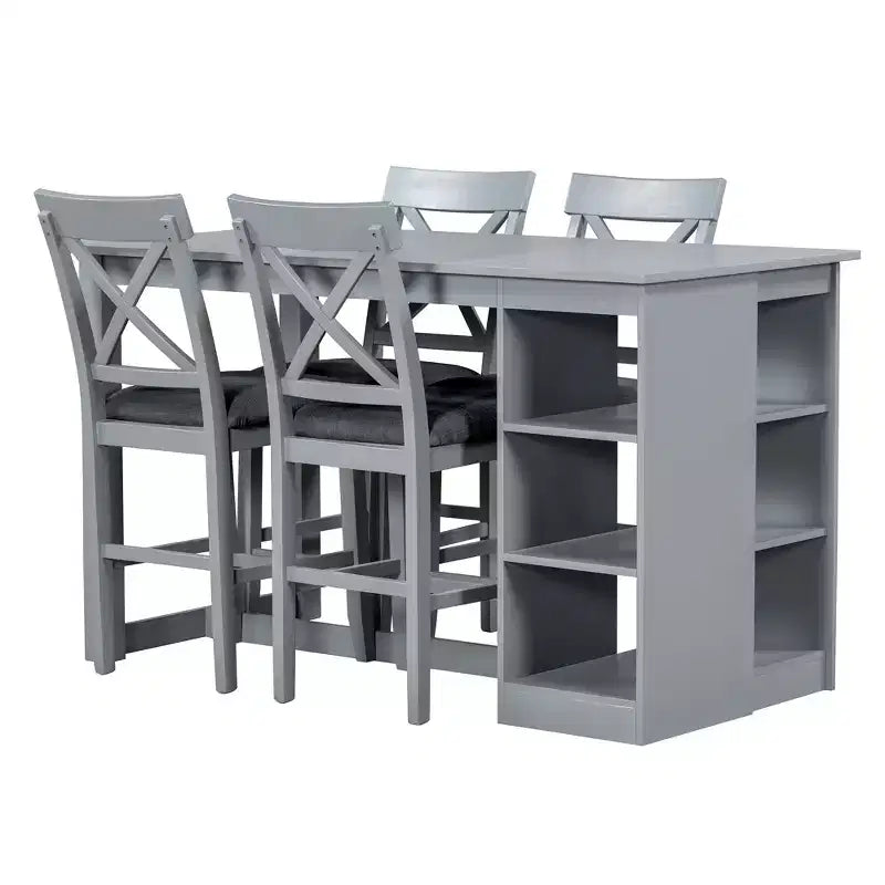 Juego de comedor de altura de mostrador rústico de 5 piezas con 4 sillas de comedor tapizadas y estantes de almacenamiento de 3 niveles, gris/natural+blanco
