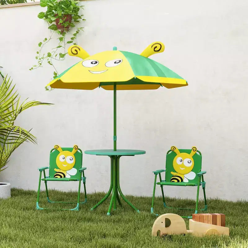 Juego de mesa de pícnic y sillas para niños, mesa de actividades al aire libre con 2 sillas plegables, sombrilla extraíble, para patio trasero, jardín