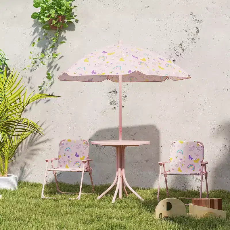 Juego de mesa de pícnic y sillas para niños, mesa de actividades al aire libre con 2 sillas plegables, sombrilla extraíble, para patio trasero, jardín