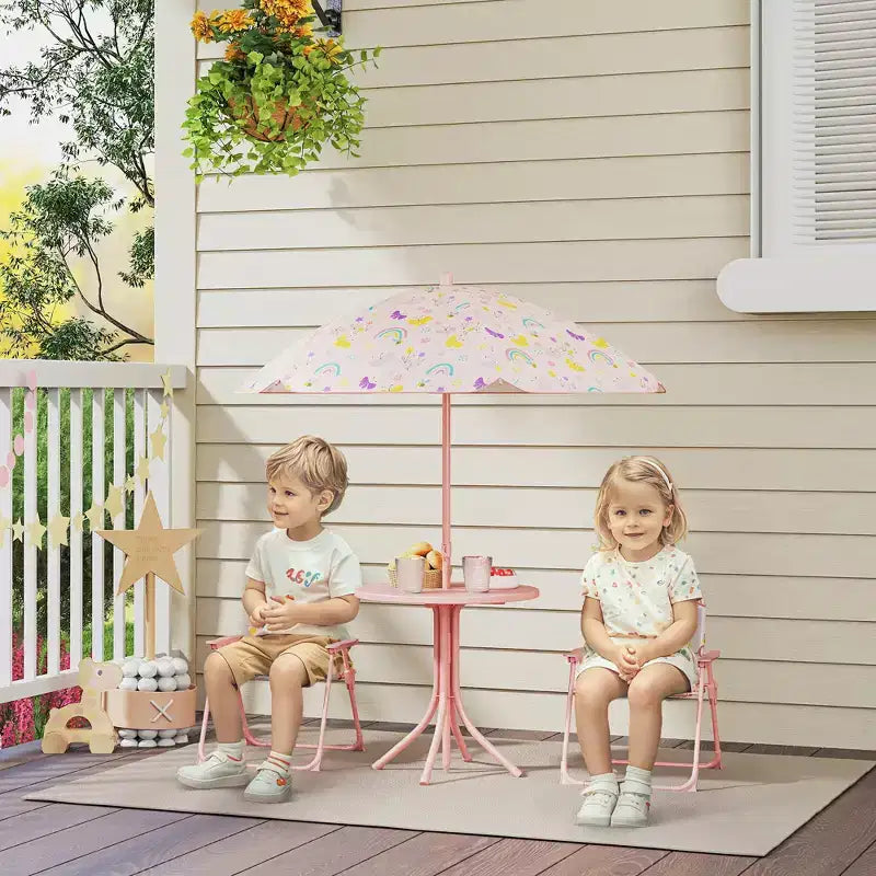 Juego de mesa de pícnic y sillas para niños, mesa de actividades al aire libre con 2 sillas plegables, sombrilla extraíble, para patio trasero, jardín