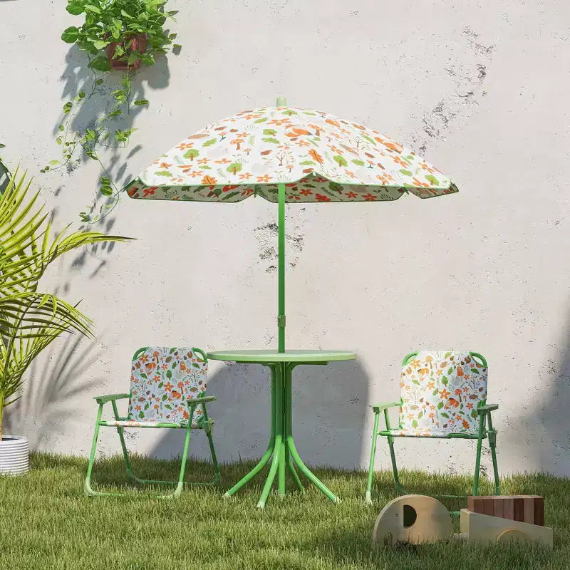 Juego de mesa de pícnic y sillas para niños, mesa de actividades al aire libre con 2 sillas plegables, sombrilla extraíble, para patio trasero, jardín