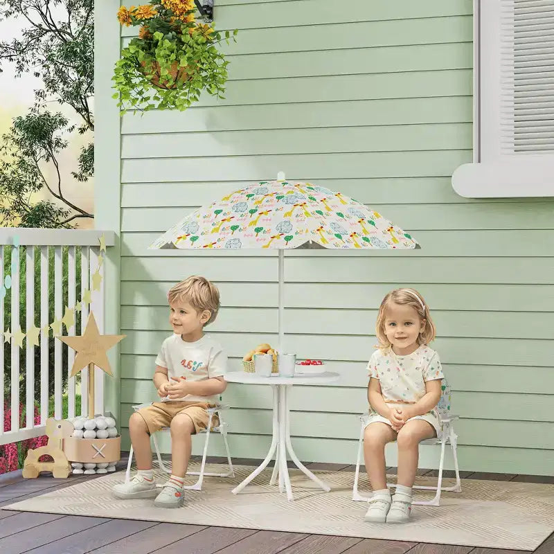 Juego de mesa de pícnic y sillas para niños, mesa de actividades al aire libre con 2 sillas plegables, sombrilla extraíble, para patio trasero, jardín