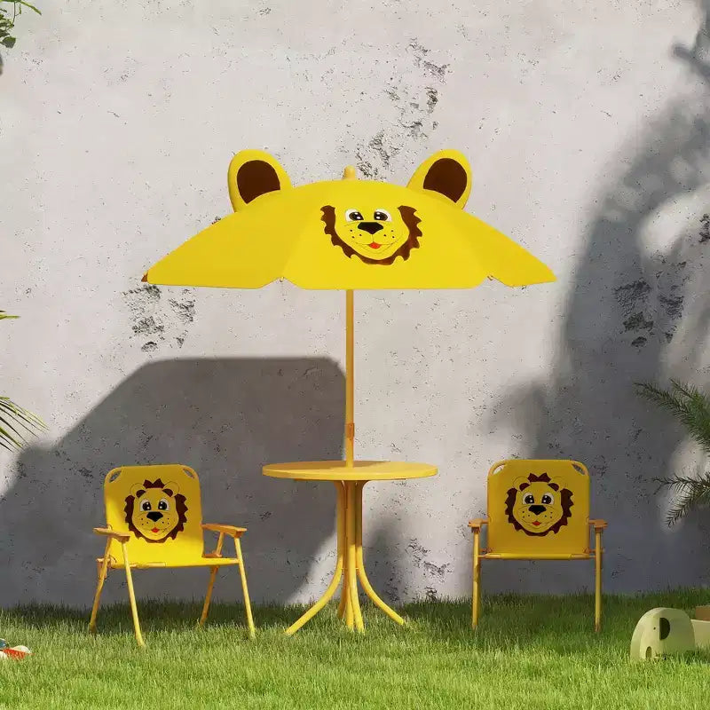 Juego de mesa de pícnic y sillas para niños, mesa de actividades al aire libre con 2 sillas plegables, sombrilla extraíble, para patio trasero, jardín