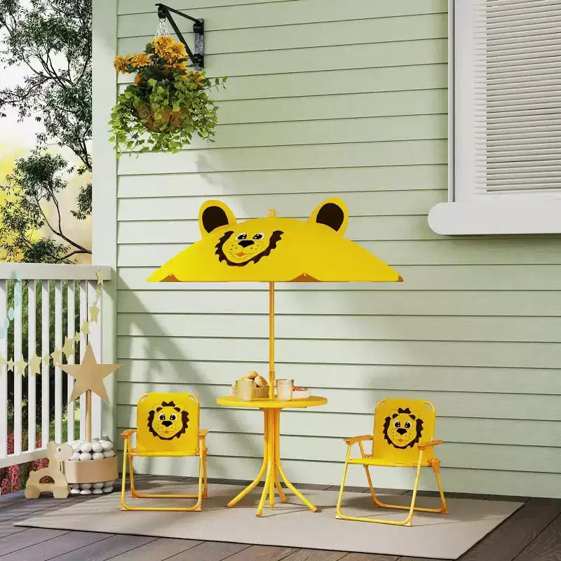 Juego de mesa de pícnic y sillas para niños, mesa de actividades al aire libre con 2 sillas plegables, sombrilla extraíble, para patio trasero, jardín