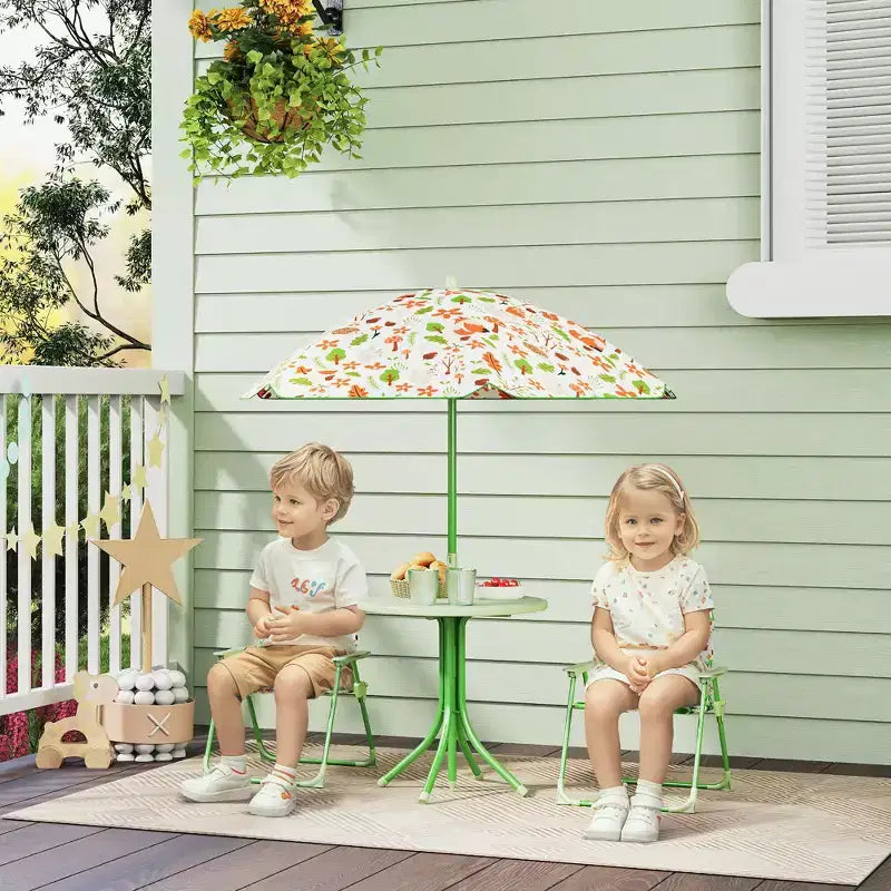Juego de mesa de pícnic y sillas para niños, mesa de actividades al aire libre con 2 sillas plegables, sombrilla extraíble, para patio trasero, jardín