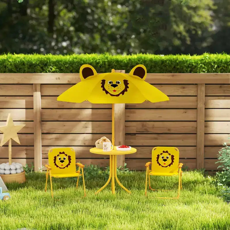 Juego de mesa de pícnic y sillas para niños, mesa de actividades al aire libre con 2 sillas plegables, sombrilla extraíble, para patio trasero, jardín