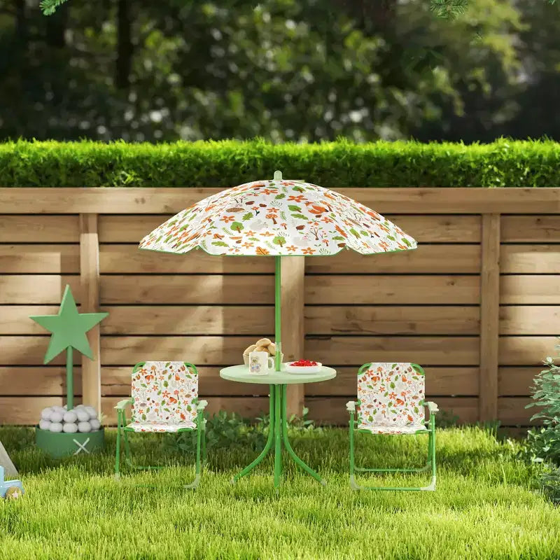 Juego de mesa de pícnic y sillas para niños, mesa de actividades al aire libre con 2 sillas plegables, sombrilla extraíble, para patio trasero, jardín