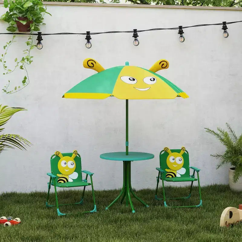 Juego de mesa de pícnic y sillas para niños, mesa de actividades al aire libre con 2 sillas plegables, sombrilla extraíble, para patio trasero, jardín