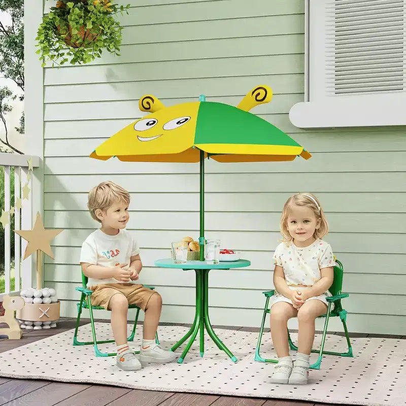 Juego de mesa de pícnic y sillas para niños, mesa de actividades al aire libre con 2 sillas plegables, sombrilla extraíble, para patio trasero, jardín