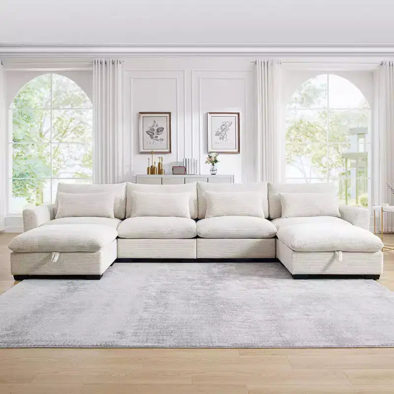 Deep Seat U-Shaped Sectional: Corduroy 4-Seater with Storage and Waist Pillows