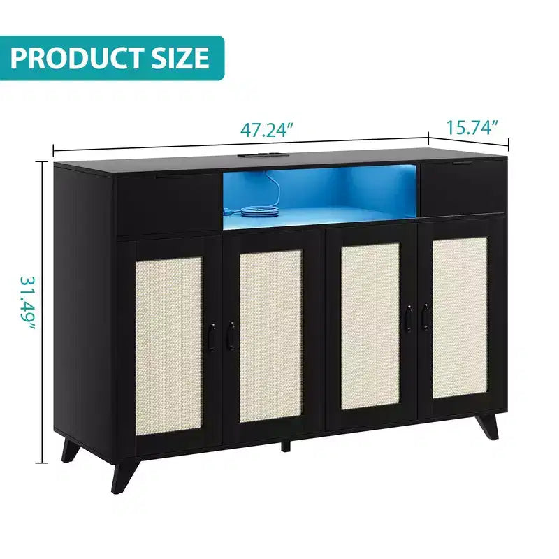 Aparador de ratán con 4 puertas y 2 cajones, mesa consola para café con toma de corriente y estantes ajustables