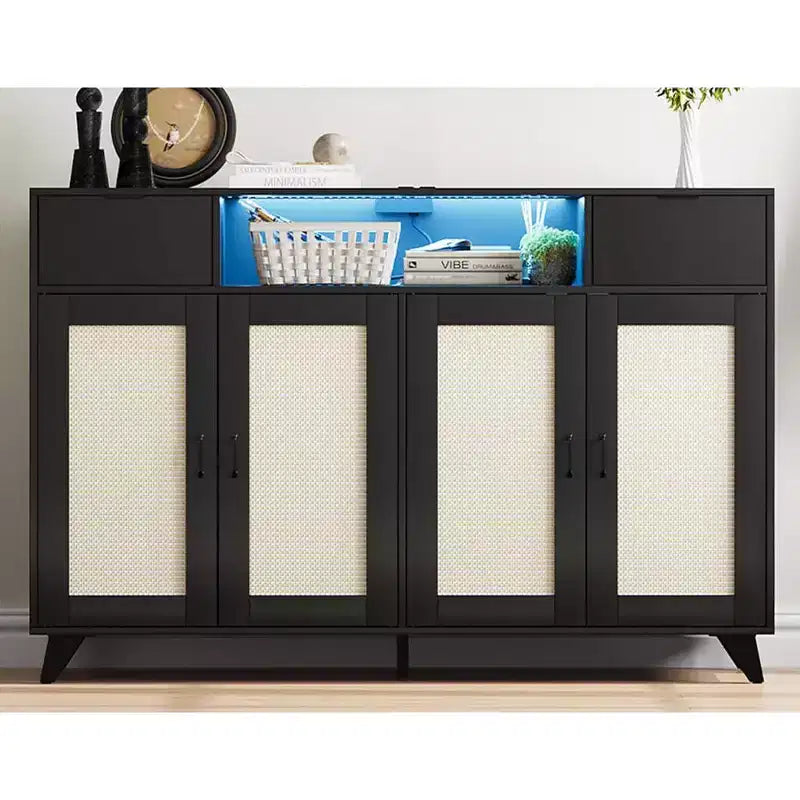Aparador de ratán con 4 puertas y 2 cajones, mesa consola para café con toma de corriente y estantes ajustables