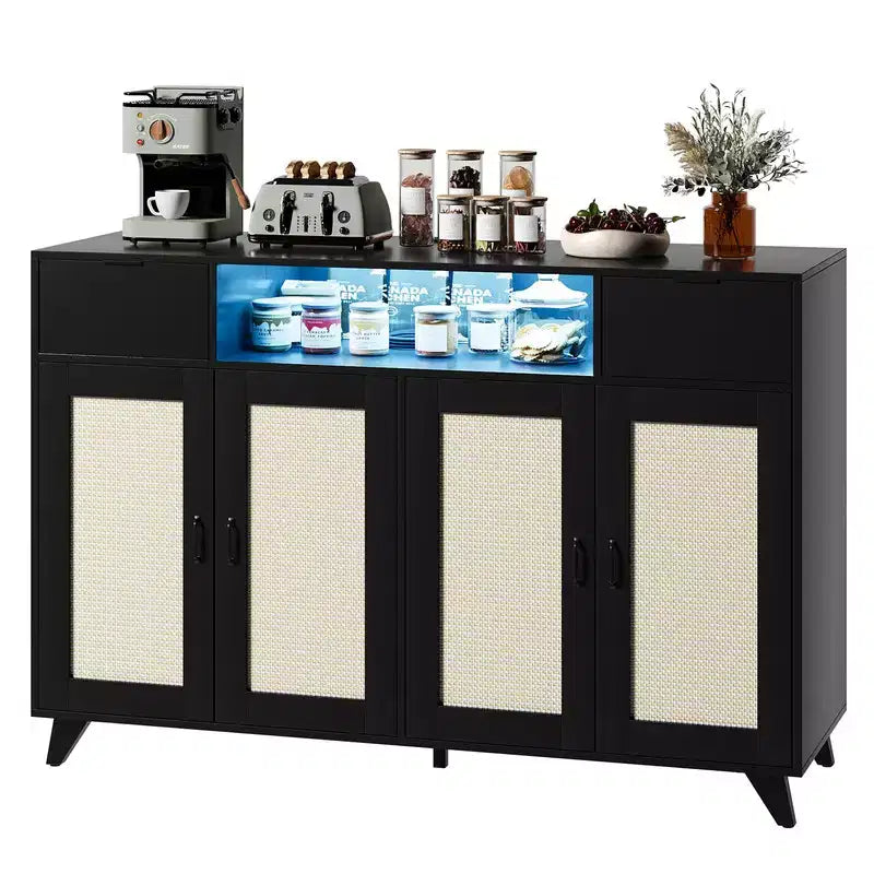 Aparador de ratán con 4 puertas y 2 cajones, mesa consola para café con toma de corriente y estantes ajustables