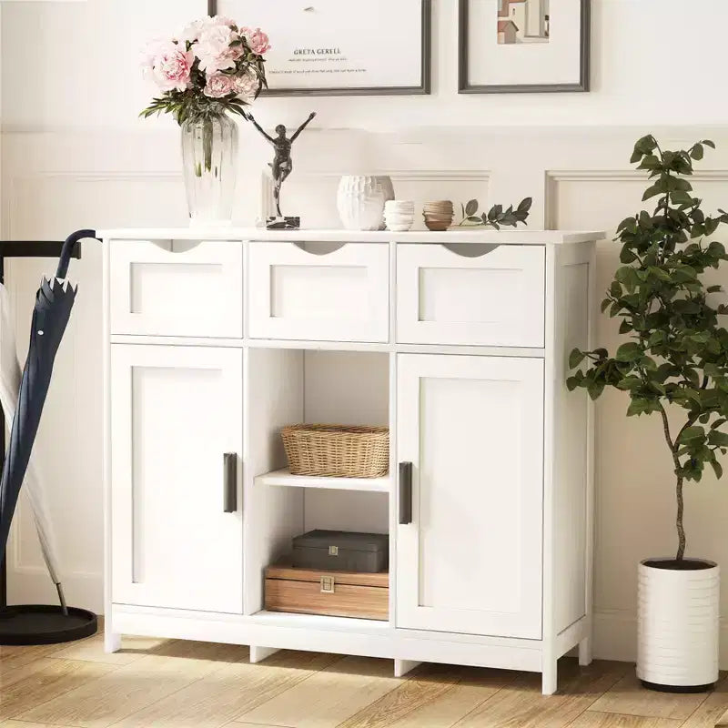 Muebles de Almacenamiento con Cajones y Estantes, Armarios Auxiliares para Sala de Estar, Blancos