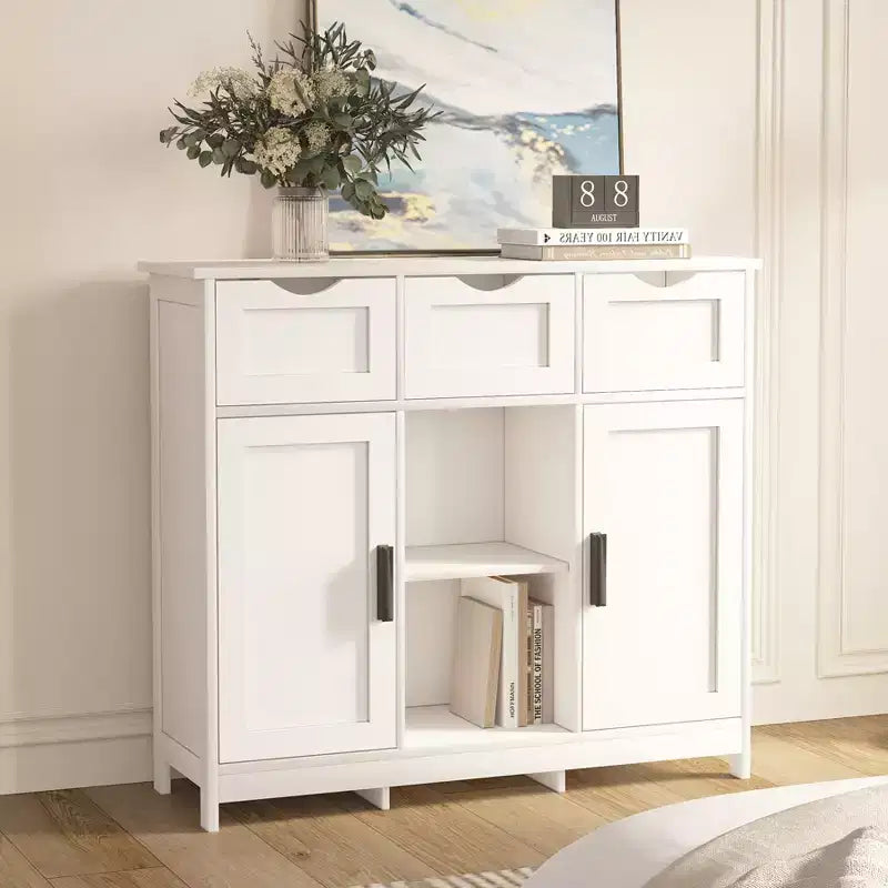 Muebles de Almacenamiento con Cajones y Estantes, Armarios Auxiliares para Sala de Estar, Blancos