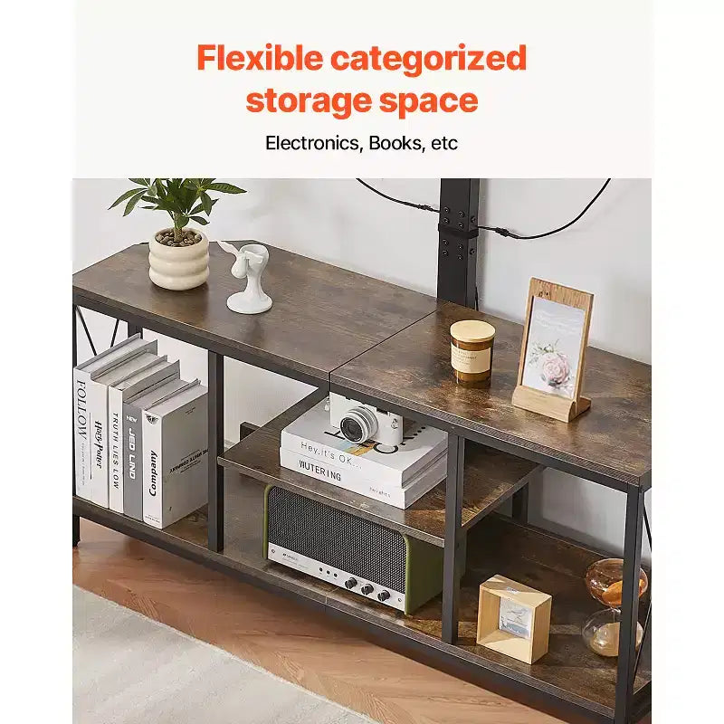 Mueble de TV de 45 pulgadas con soporte para televisores de hasta 75 pulgadas, centro de entretenimiento con toma de corriente, consola de TV de altura ajustable, marrón