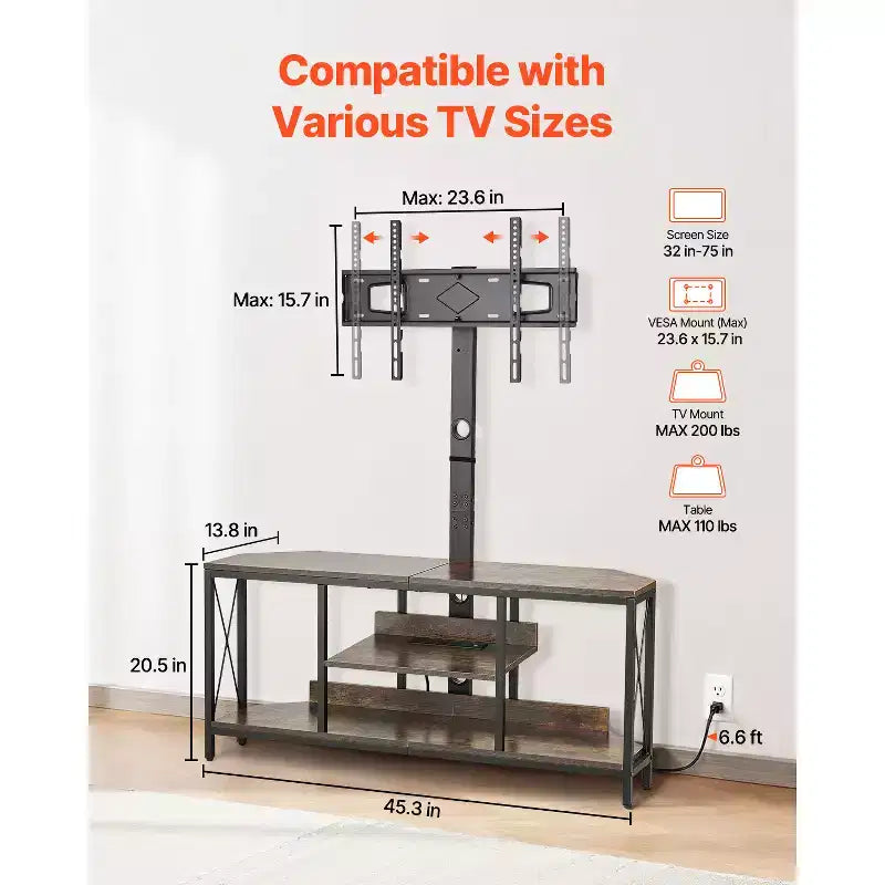 Mueble de TV de 45 pulgadas con soporte para televisores de hasta 75 pulgadas, centro de entretenimiento con toma de corriente, consola de TV de altura ajustable, marrón