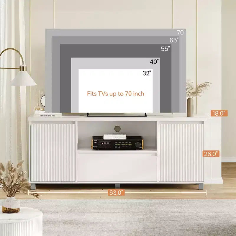 Mueble TV Acanalado Moderno, para TV de 60/65/70, Centro de Entretenimiento para TV con Cajón, 2 Armarios de Almacenamiento y Estante Abierto, para Sala de Estar, Dormitorio