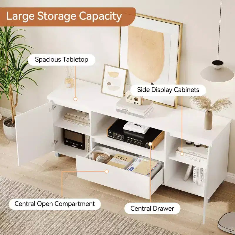 Mueble TV Acanalado Moderno, para TV de 60/65/70, Centro de Entretenimiento para TV con Cajón, 2 Armarios de Almacenamiento y Estante Abierto, para Sala de Estar, Dormitorio