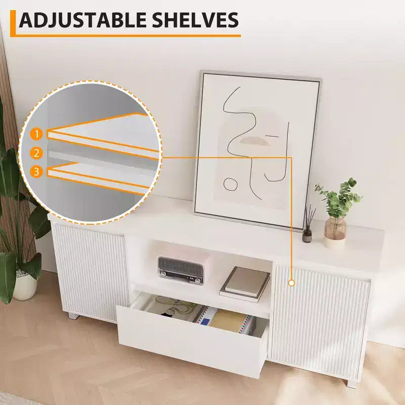 Mueble TV Acanalado Moderno, para TV de 60/65/70, Centro de Entretenimiento para TV con Cajón, 2 Armarios de Almacenamiento y Estante Abierto, para Sala de Estar, Dormitorio