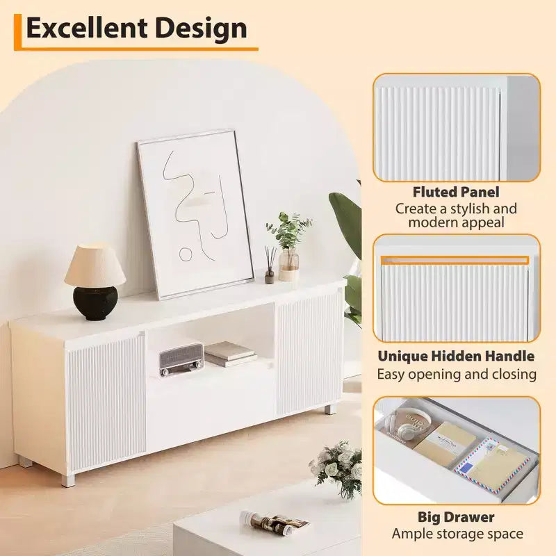 Mueble TV Acanalado Moderno, para TV de 60/65/70, Centro de Entretenimiento para TV con Cajón, 2 Armarios de Almacenamiento y Estante Abierto, para Sala de Estar, Dormitorio