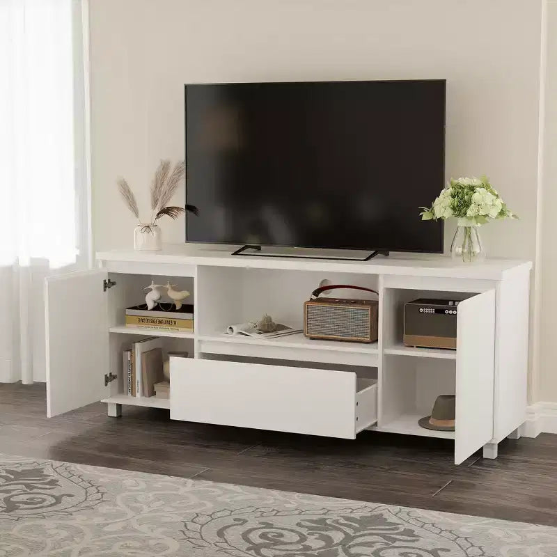 Mueble TV Acanalado Moderno, para TV de 60/65/70, Centro de Entretenimiento para TV con Cajón, 2 Armarios de Almacenamiento y Estante Abierto, para Sala de Estar, Dormitorio
