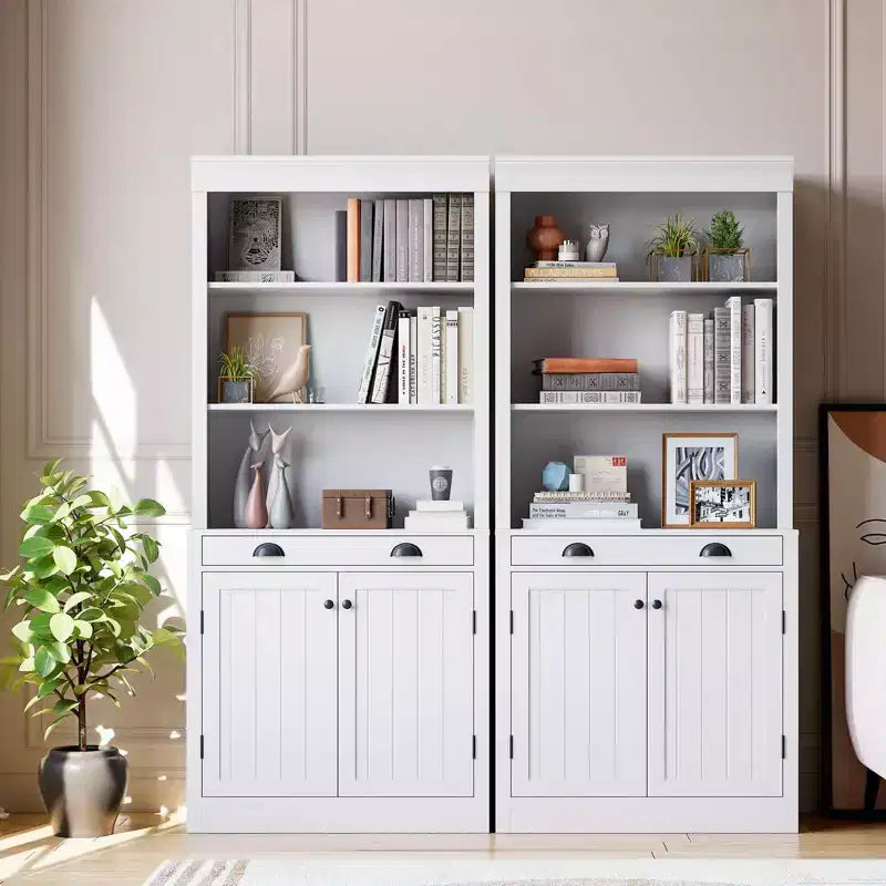 Estantería de 71 pulgadas con cajón, estantería blanca de 5 niveles con puertas, estante ajustable, gabinetes de almacenamiento de madera