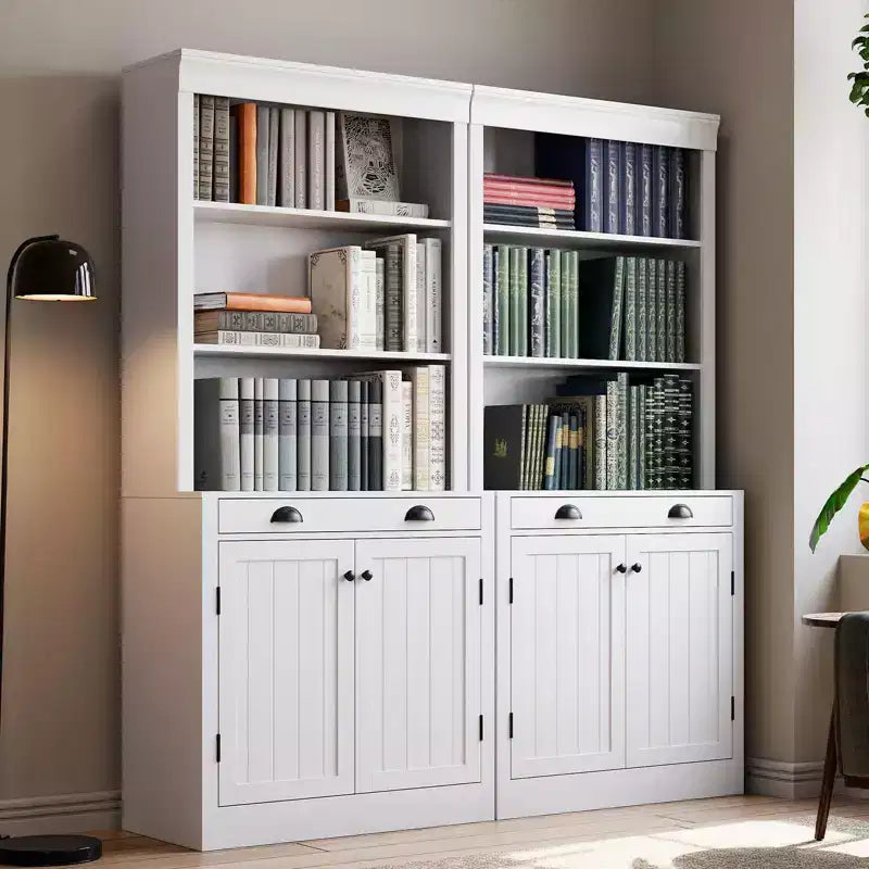 Estantería de 71 pulgadas con cajón, estantería blanca de 5 niveles con puertas, estante ajustable, gabinetes de almacenamiento de madera