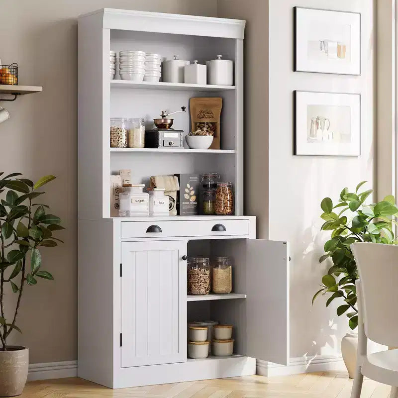 Estantería de 71 pulgadas con cajón, estantería blanca de 5 niveles con puertas, estante ajustable, gabinetes de almacenamiento de madera