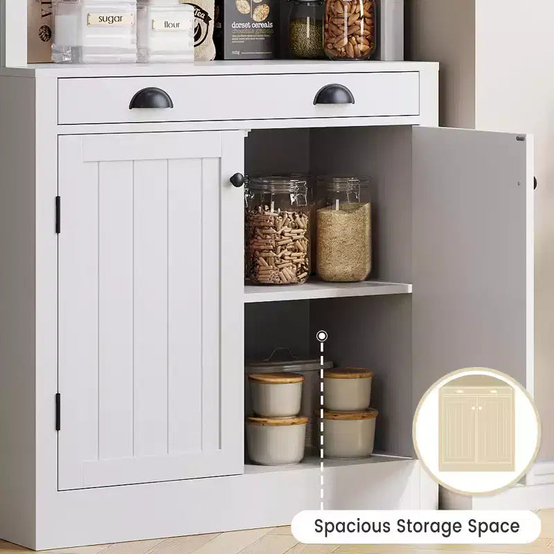 Estantería de 71 pulgadas con cajón, estantería blanca de 5 niveles con puertas, estante ajustable, gabinetes de almacenamiento de madera