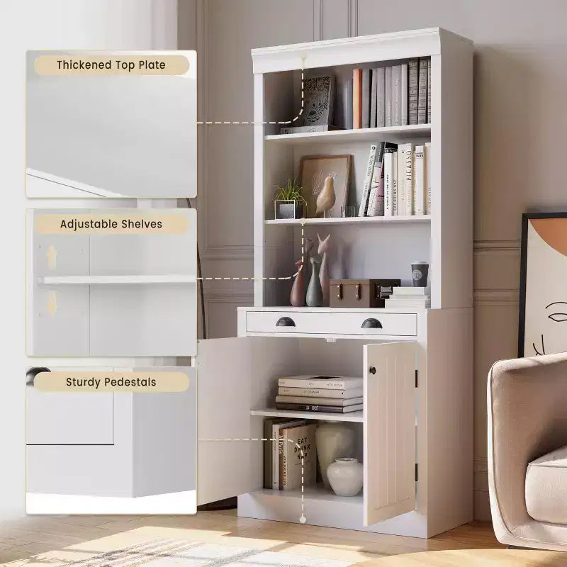 Estantería de 71 pulgadas con cajón, estantería blanca de 5 niveles con puertas, estante ajustable, gabinetes de almacenamiento de madera