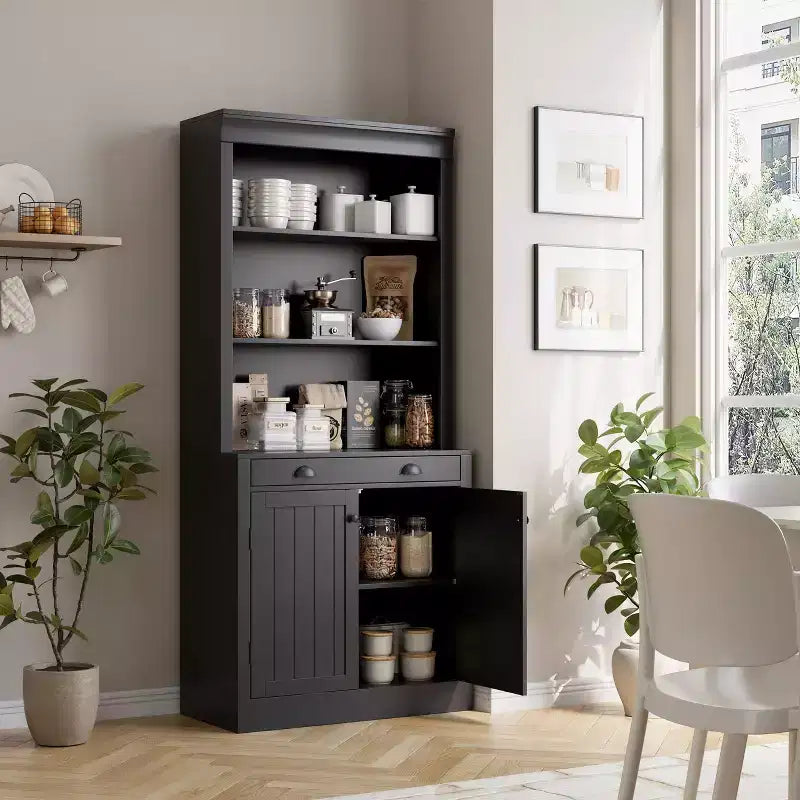 Estantería de 71 pulgadas con cajón, estantería blanca de 5 niveles con puertas, estante ajustable, gabinetes de almacenamiento de madera