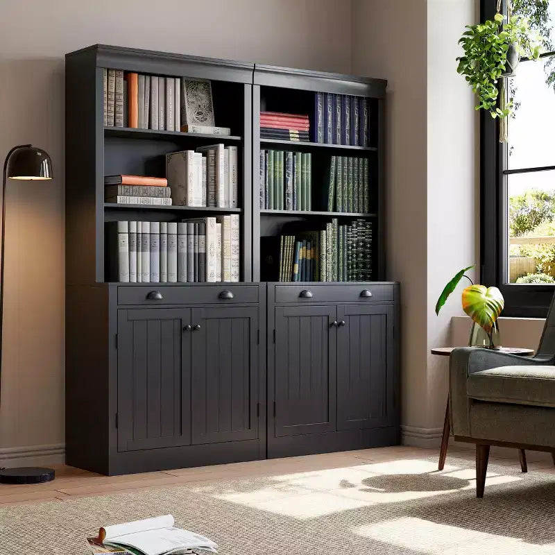 Estantería de 71 pulgadas con cajón, estantería blanca de 5 niveles con puertas, estante ajustable, gabinetes de almacenamiento de madera
