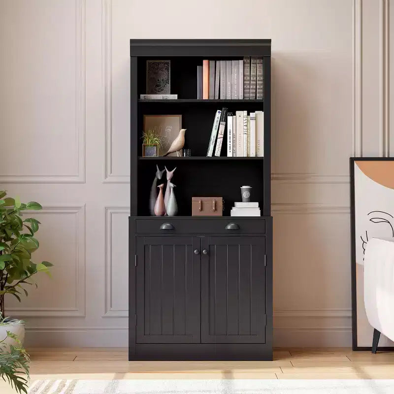 Estantería de 71 pulgadas con cajón, estantería blanca de 5 niveles con puertas, estante ajustable, gabinetes de almacenamiento de madera